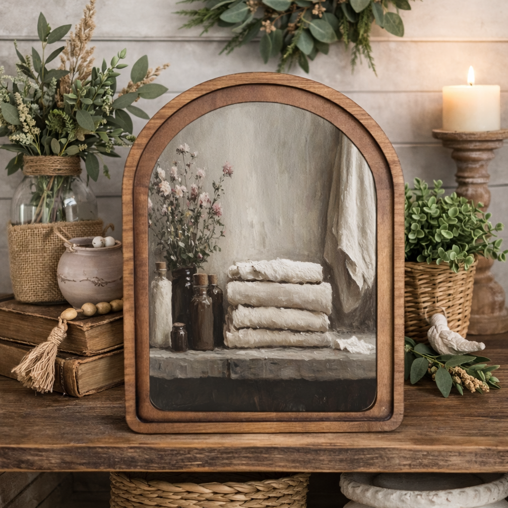 Wooden-framed mirror on a wooden surface with decorative items and plants.