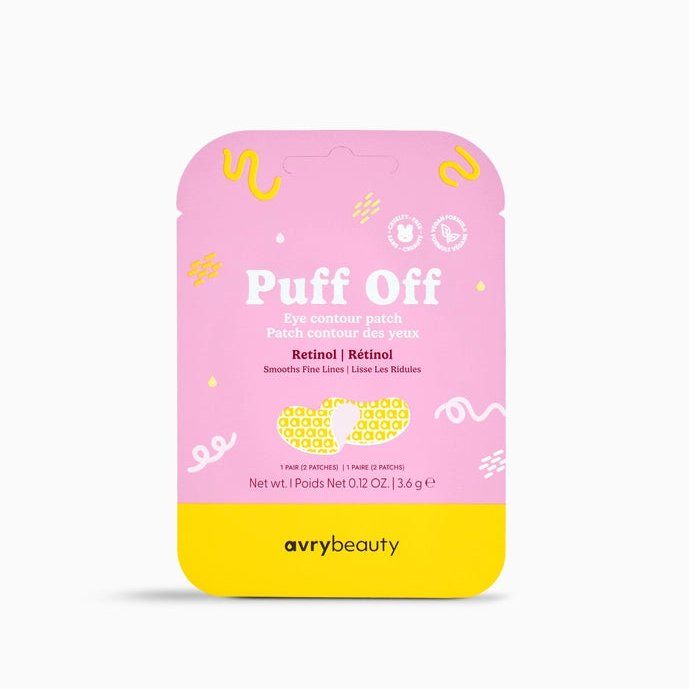Avry Beauty 'Puff Off' eye contour patch packaging on a white background