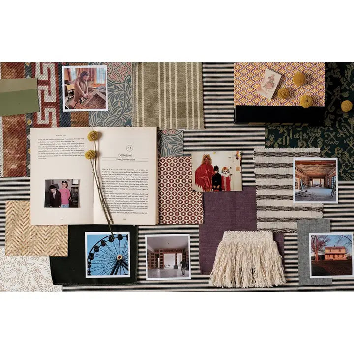 Collage of various textured materials and photos on a white background
