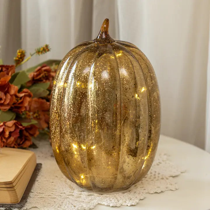 Gold Crackle Glass Lighted Pumpkin