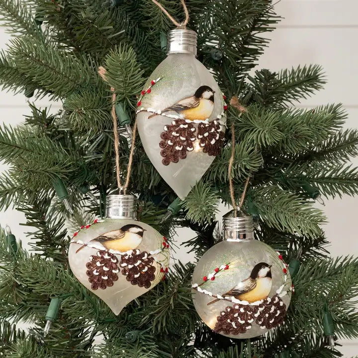 Lighted Chickadee Glass Christmas Ornaments