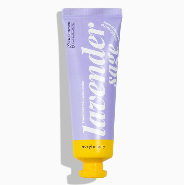 Tube of Avry Beauty lavender hand cream on a white background
