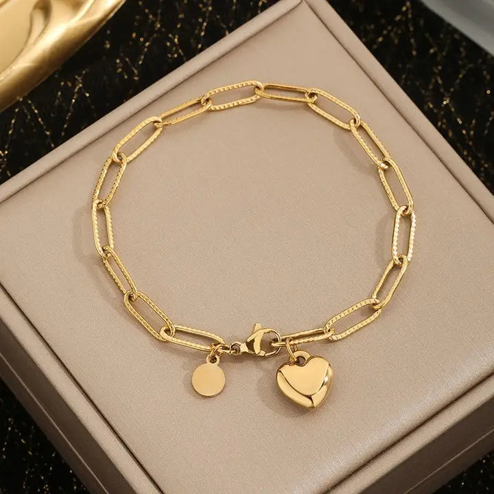 Gold Stainless Steel Heart Link Bracelet