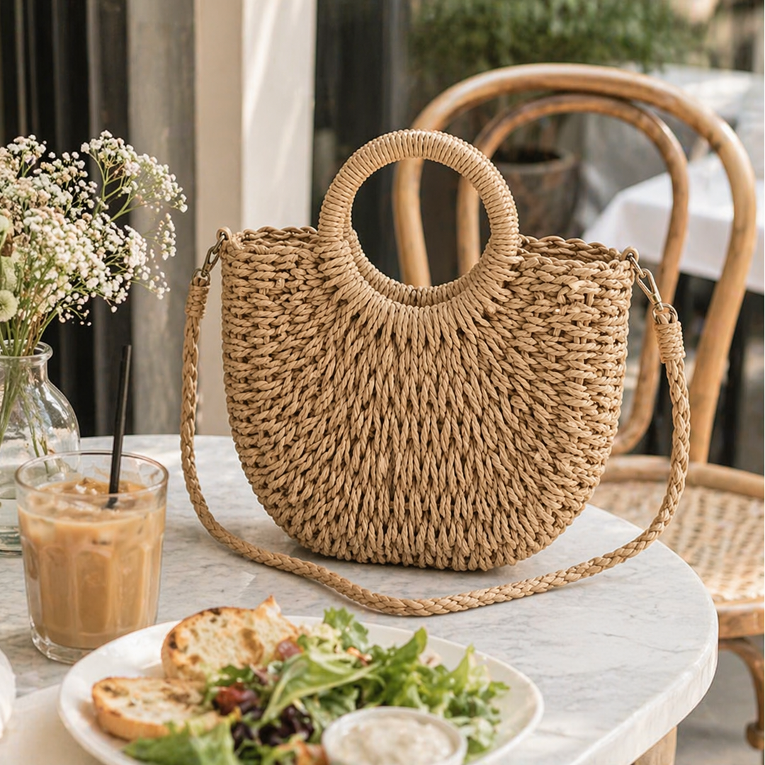 Woven handbag on a table with a glass of iced coffee and a plate of food.