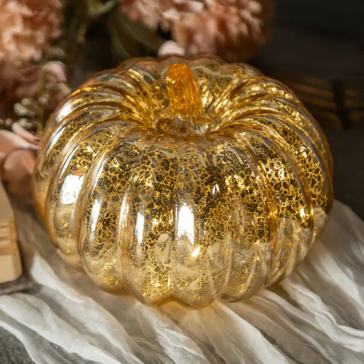 Gold Crackle Glass Lighted Pumpkin