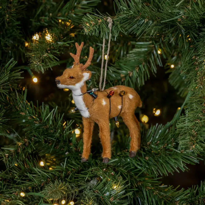 Flocked Deer with Christmas Lights Ornament