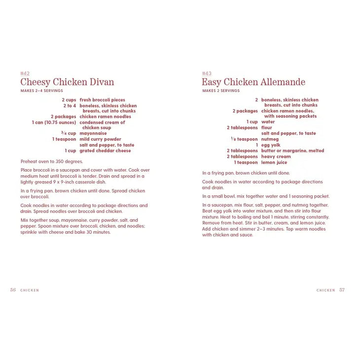 A printed recipe spread page with two recipe cards, titled &
