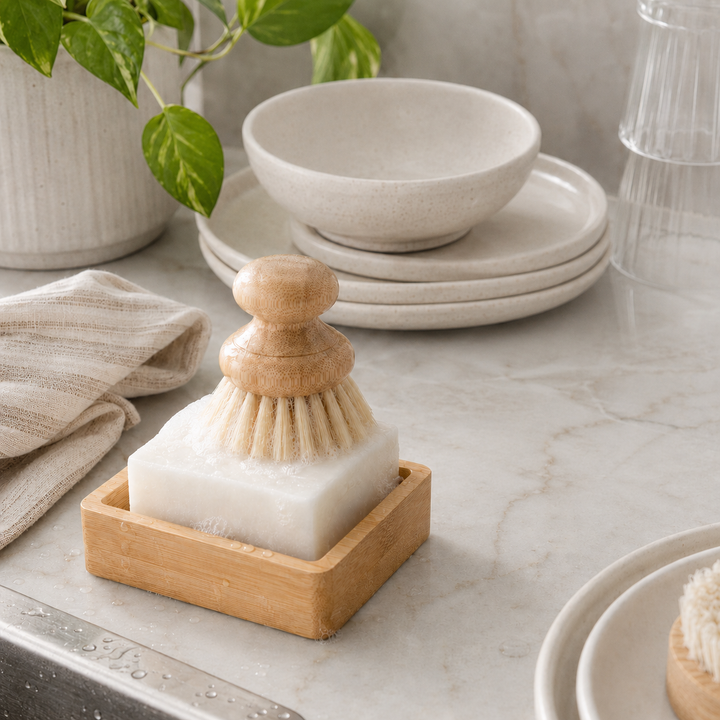 Bowl with a scrubber on a marble surface