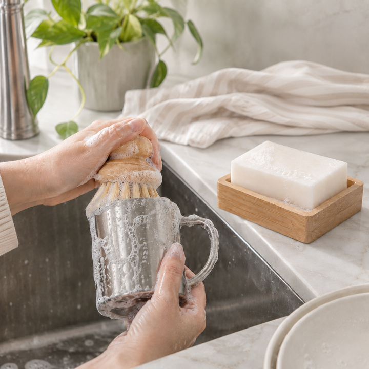 Person cleaning a mug with a brush in a kitchen setting, with soap and a plant in the background.
