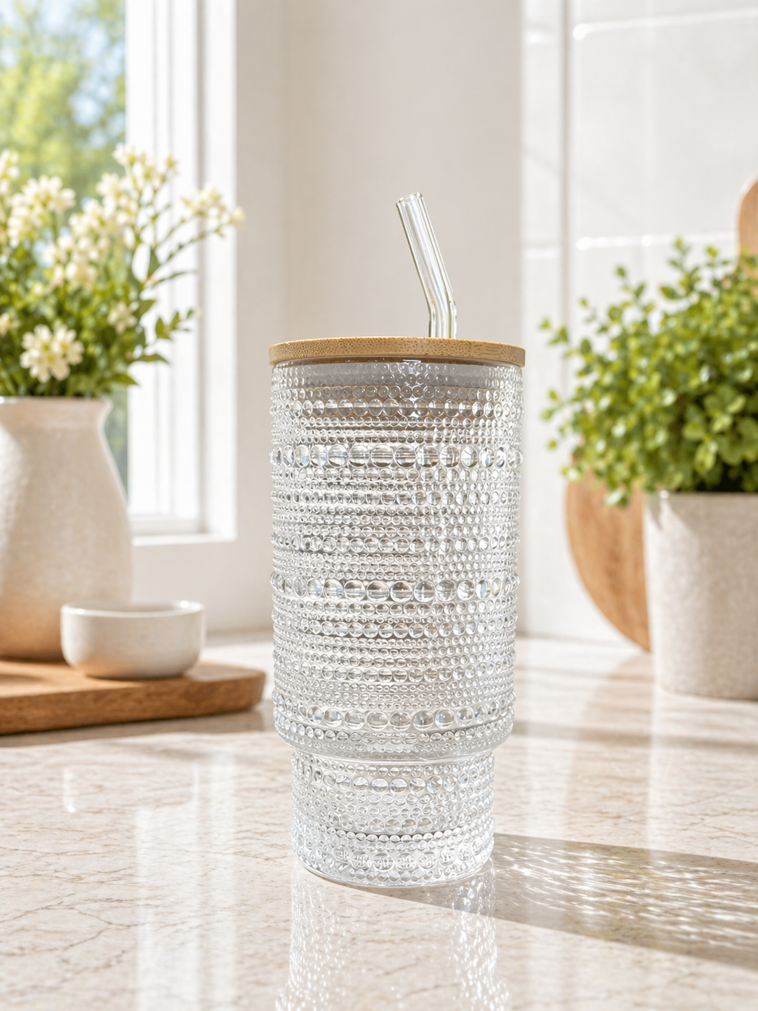Decorative glass tumbler with a straw on a light surface with plants in the background