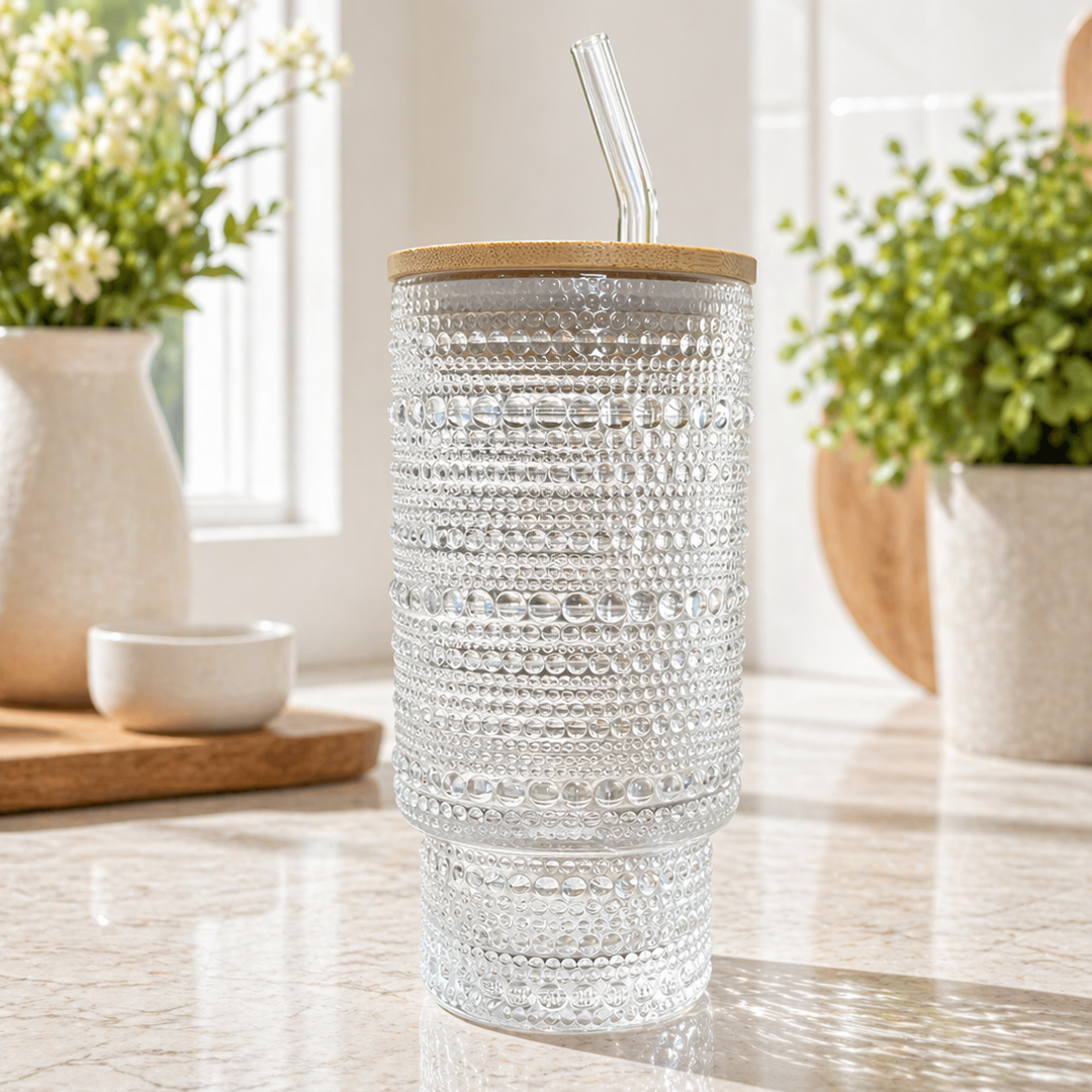 16oz Embossed Glass Tumbler with Bamboo Lid + Glass Straw