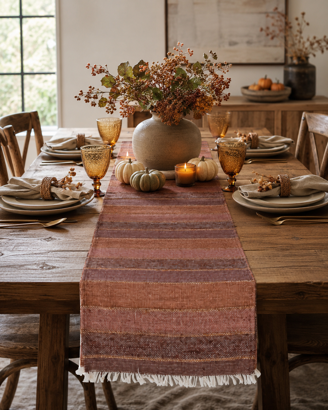 A rustic woven table runner in muted terracotta, rust, and brown tones with white fringe, styled on a wooden dining table with plates, amber glassware, candles, and a vase of dried foliage.