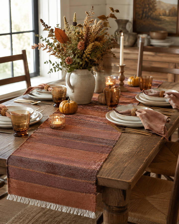 An autumn-themed woven table runner in rust, terracotta, and brown stripes with white fringe, styled on a rustic wooden dining table with plates, amber glassware, candles, and a dried floral centerpiece.