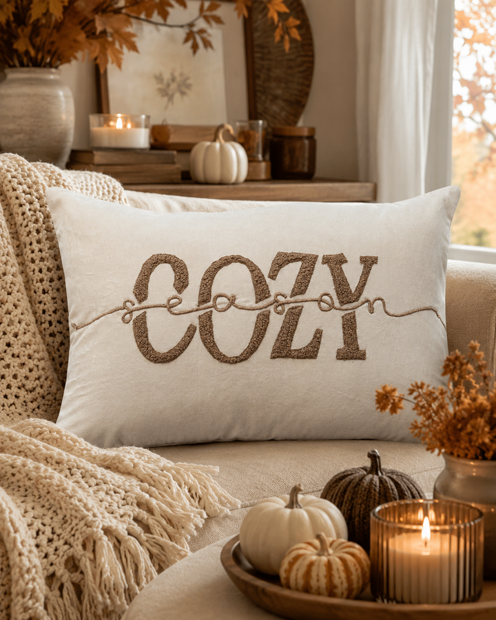 A square off-white throw pillow with the word &