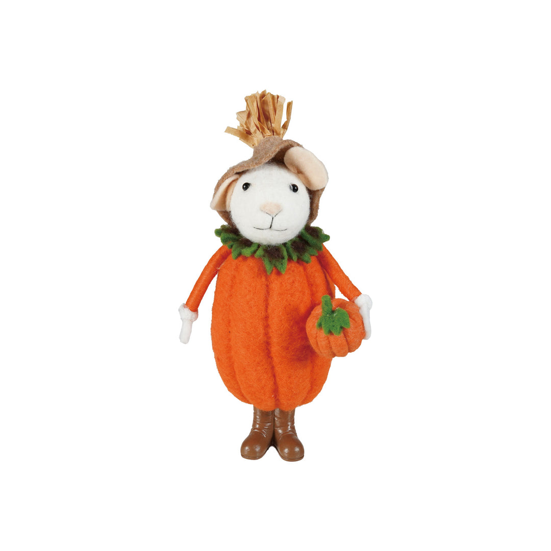 Toy figure of a rabbit in a pumpkin costume with a crown on a white background