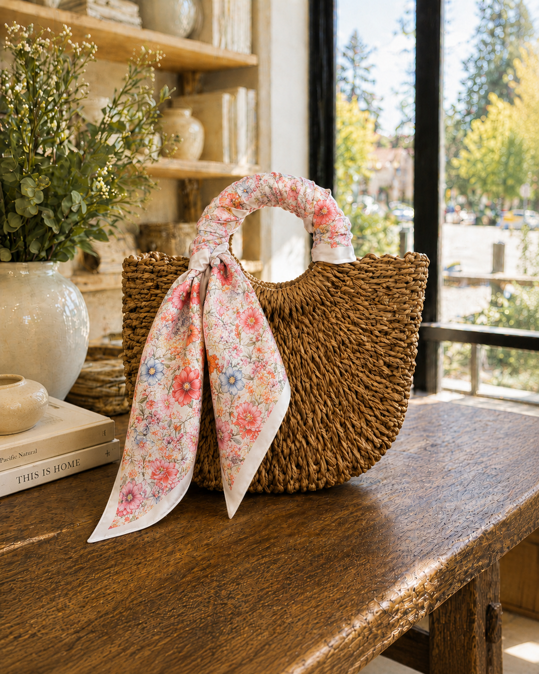 Woven basket with a floral scarf on a wooden surface, with a blurred indoor background