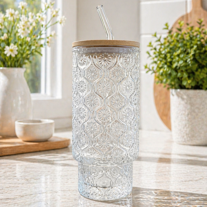 16oz Embossed Glass Tumbler with Bamboo Lid + Glass Straw
