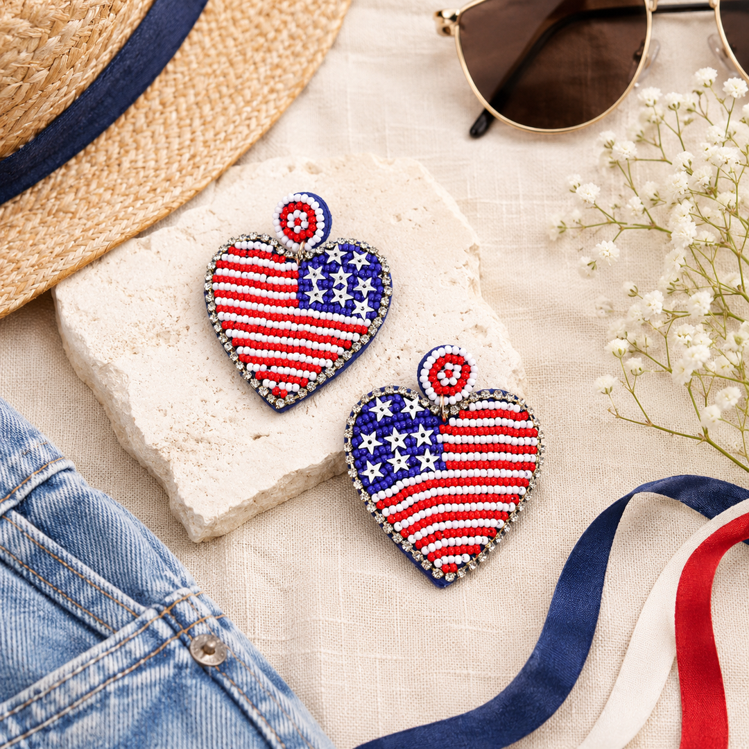 Fourth of July Seed Bead USA Flag Drop Earrings