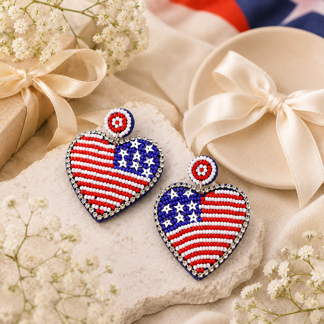 Fourth of July Seed Bead USA Flag Drop Earrings