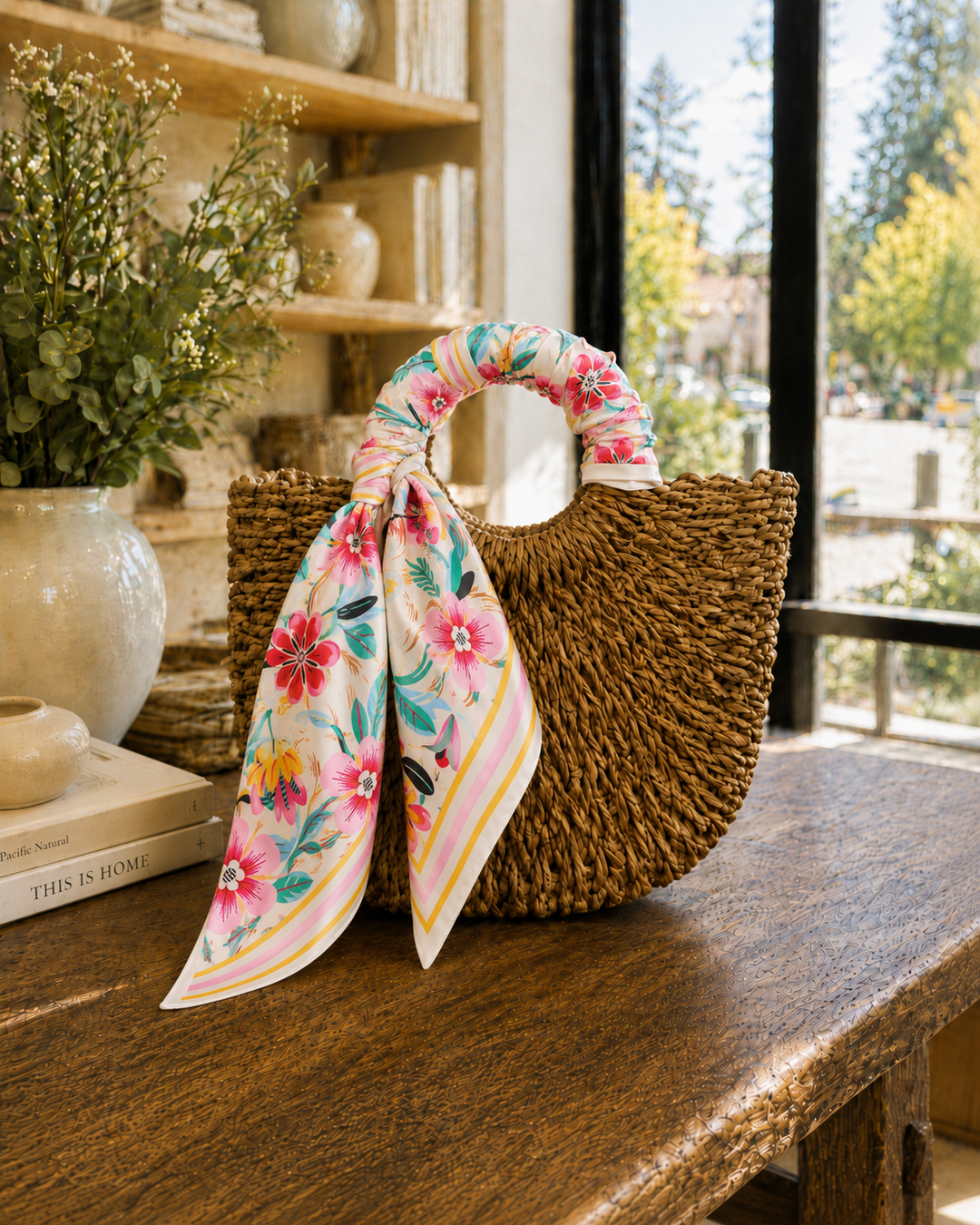 Woven bag with a floral scarf draped over it on a wooden surface.