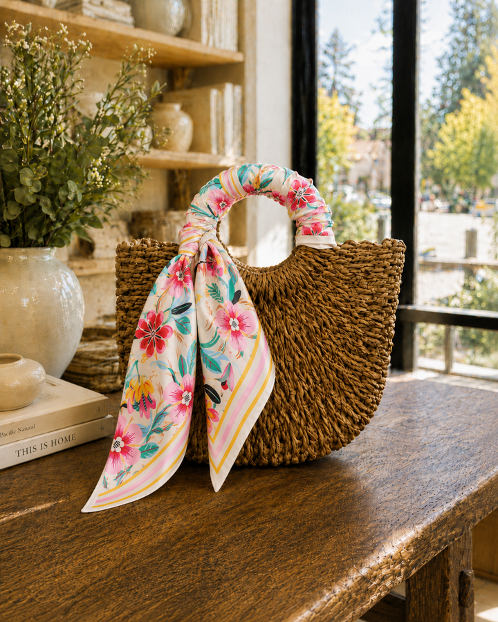Woven bag with a floral scarf draped over it on a wooden surface.