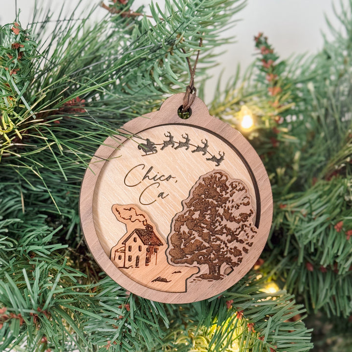 Wooden Cottage + Oak Tree 3 Layer Ornament