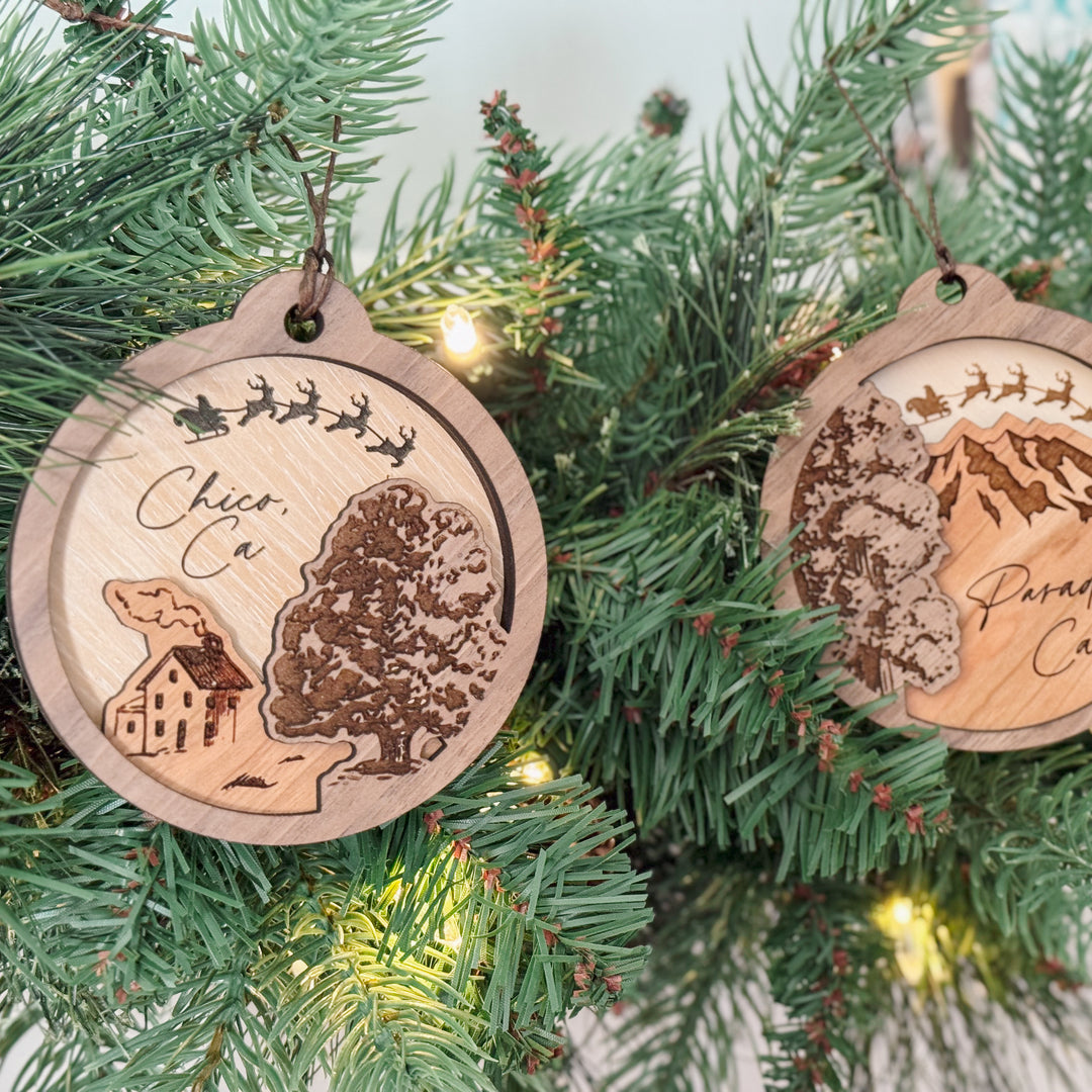Wooden Cottage + Oak Tree 3 Layer Ornament