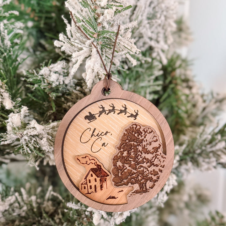 Wooden Cottage + Oak Tree 3 Layer Ornament