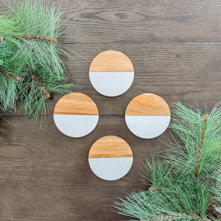 Round Marble + Acacia Coasters