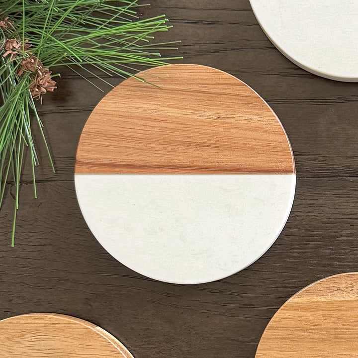 Round Marble + Acacia Coasters