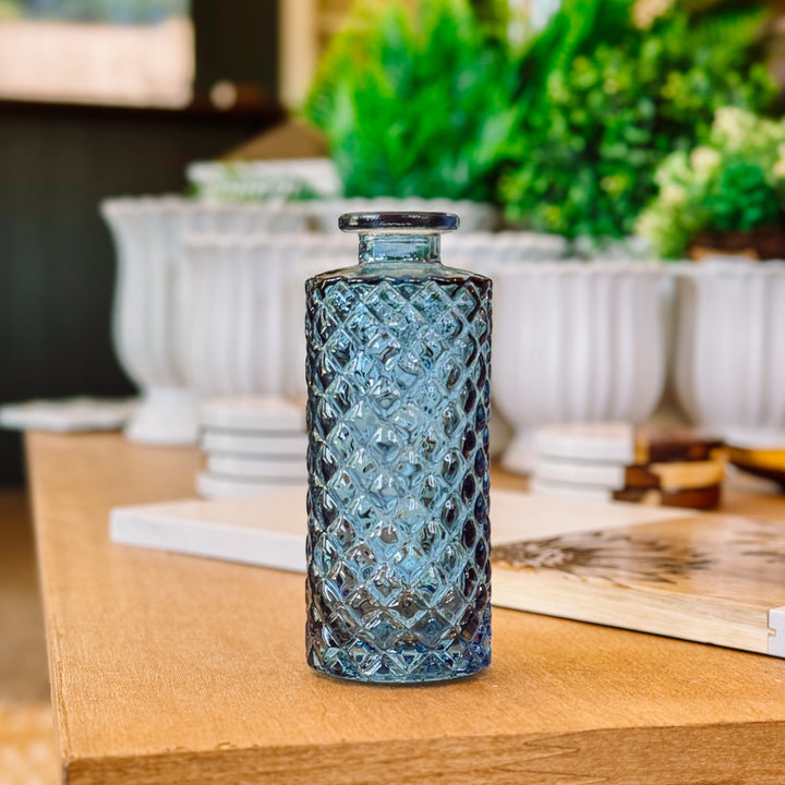 Clear Slate Blue Glass Tall Diamond, Reed Diffuser Vase