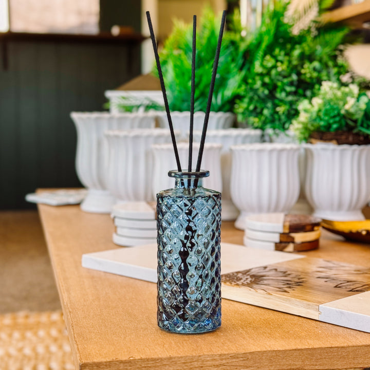 Clear Slate Blue Glass Tall Diamond, Reed Diffuser Vase