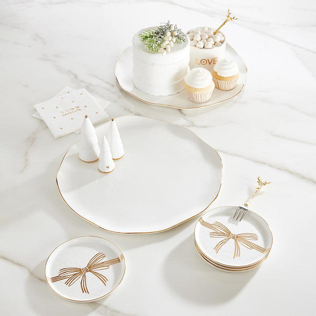 Organic Edge Platter, 13", White + Gold Rim
