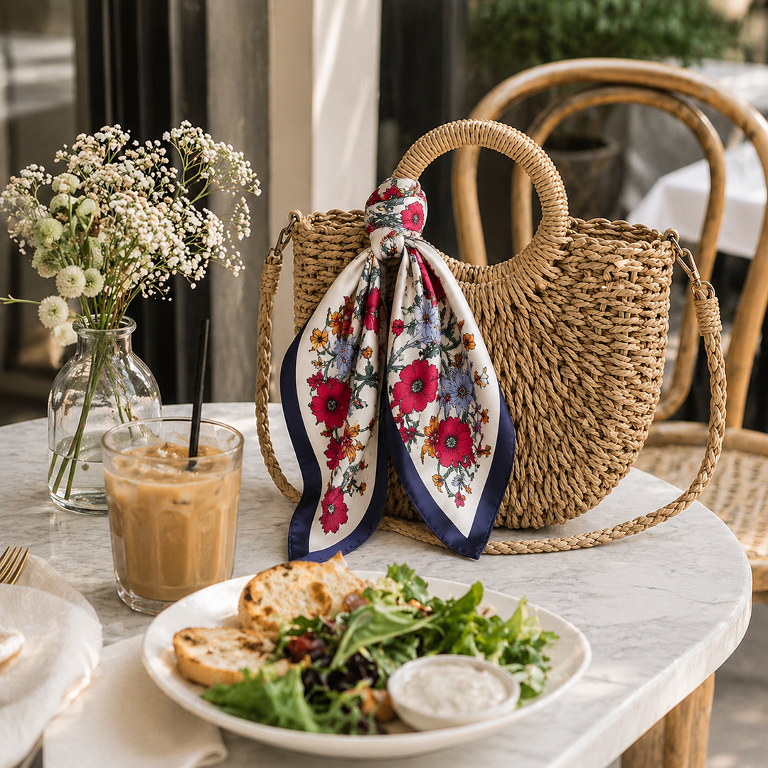 Woven bag with a floral scarf, glass of iced coffee, and salad on a table.