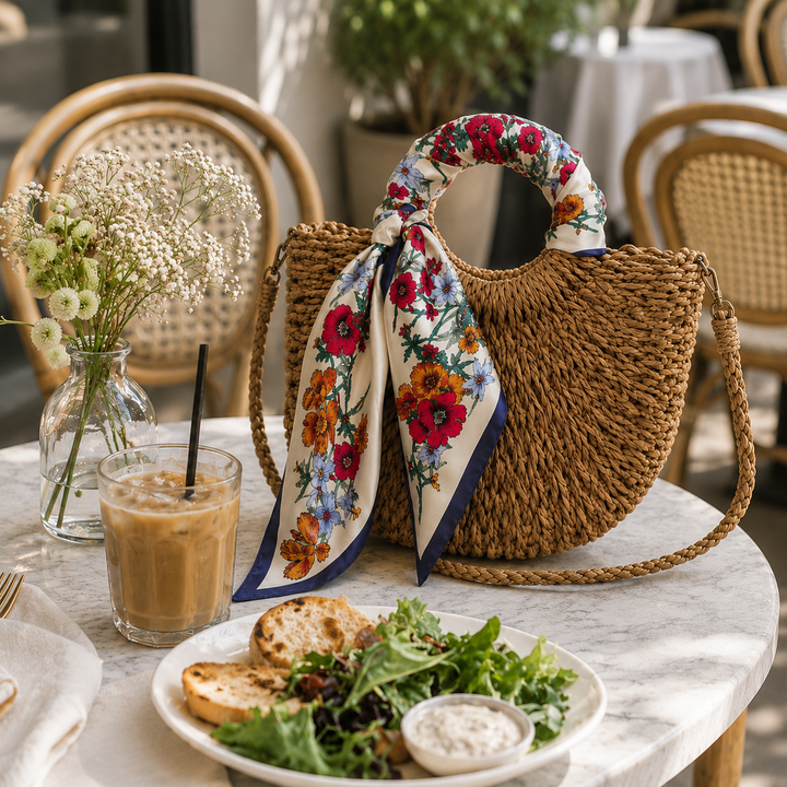 Woven handbag with floral scarf, iced coffee, and salad on a table outdoors.
