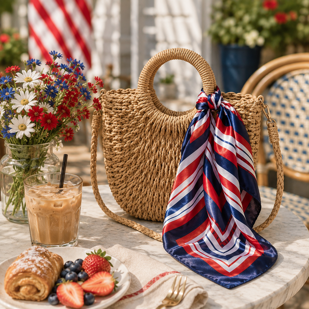 Woven bag with a striped scarf, iced coffee, and fruit plate on a table outdoors.