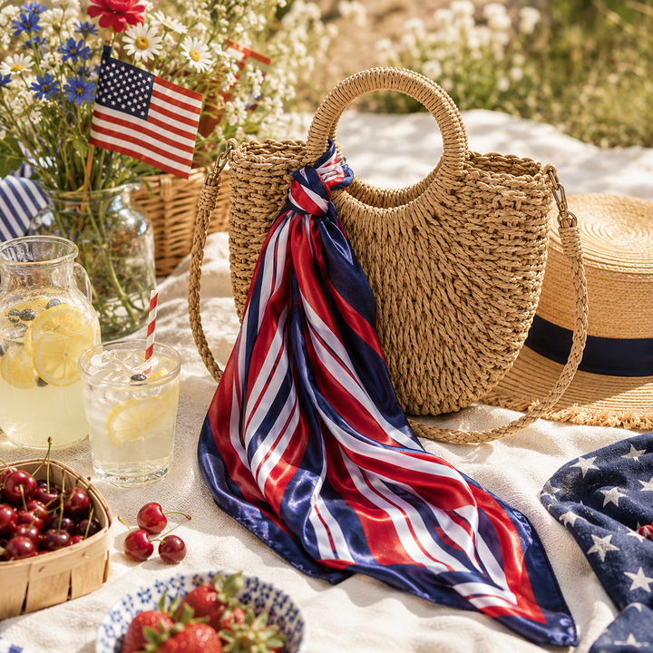 Picnic setup with straw bag, American flag-themed scarf, and lemonade.