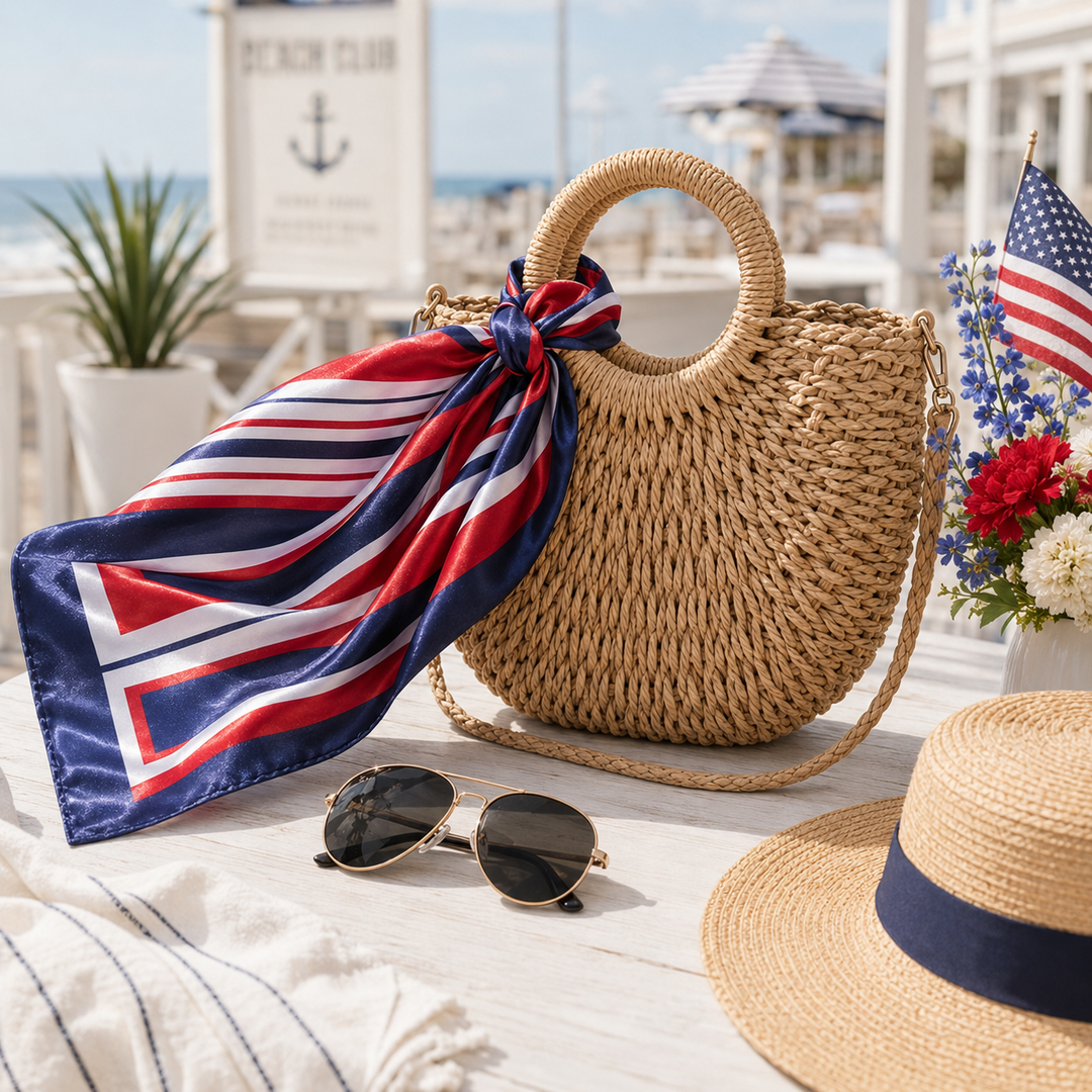 Woven handbag with a red, white, and blue scarf, sunglasses, and straw hat on a beach setting.