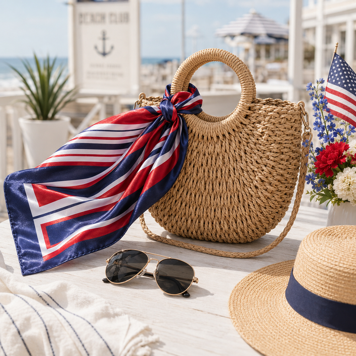 Woven handbag with a red, white, and blue scarf, sunglasses, and straw hat on a beach setting.