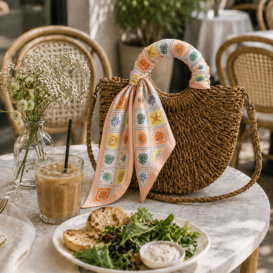 Woven bag with a colorful scarf on a table with a salad and drink.