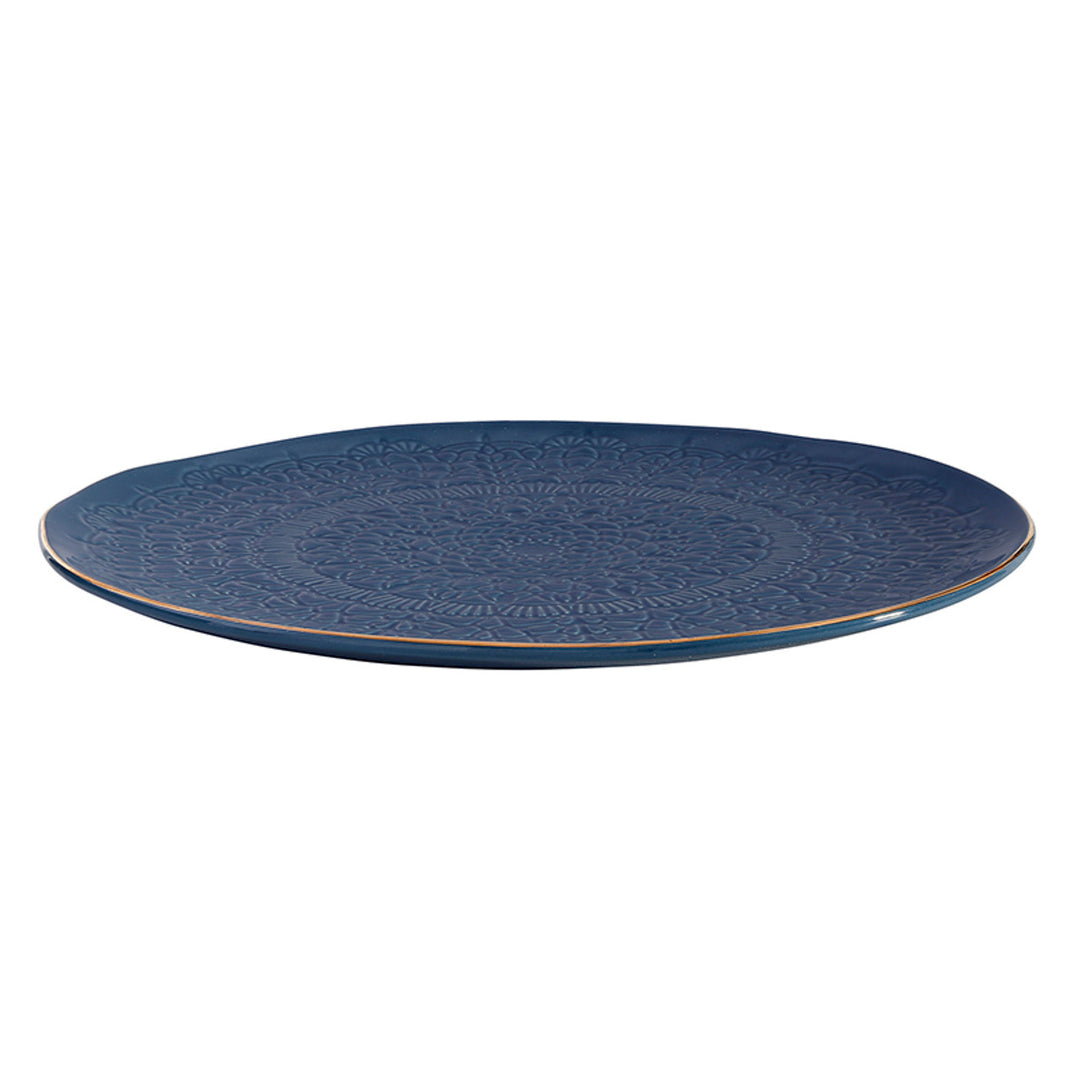 Stamped Ceramic Platter, 10", Blue+ Gold Rim