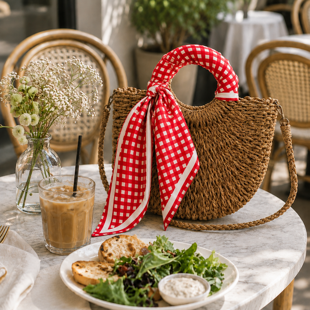 Woven bag with red checkered scarf, iced coffee, and salad on a table outdoors.