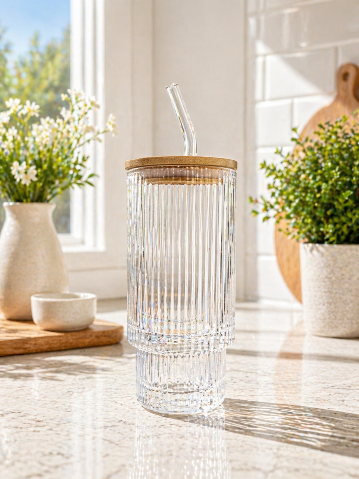 Clear glass tumbler with a wooden lid and straw on a light surface with plants in the background