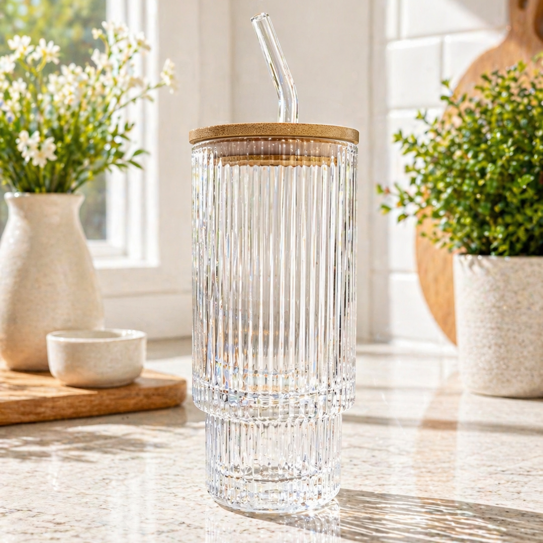 Clear glass tumbler with a wooden lid and straw on a light surface with plants in the background