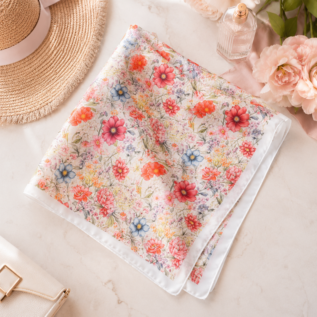 Floral fabric on a marble surface with a hat and flowers in the background