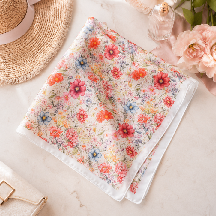 Floral fabric on a marble surface with a hat and flowers in the background