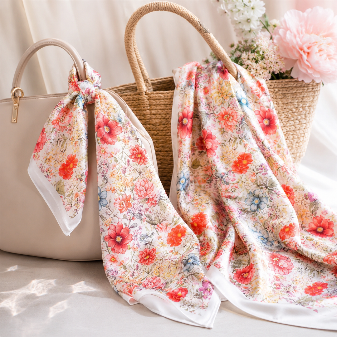 Floral scarf draped over a handbag with a woven basket and flowers in the background