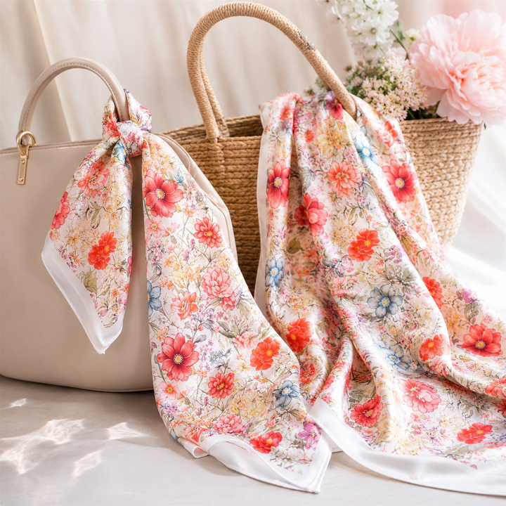 Floral scarf draped over a handbag with a woven basket and flowers in the background