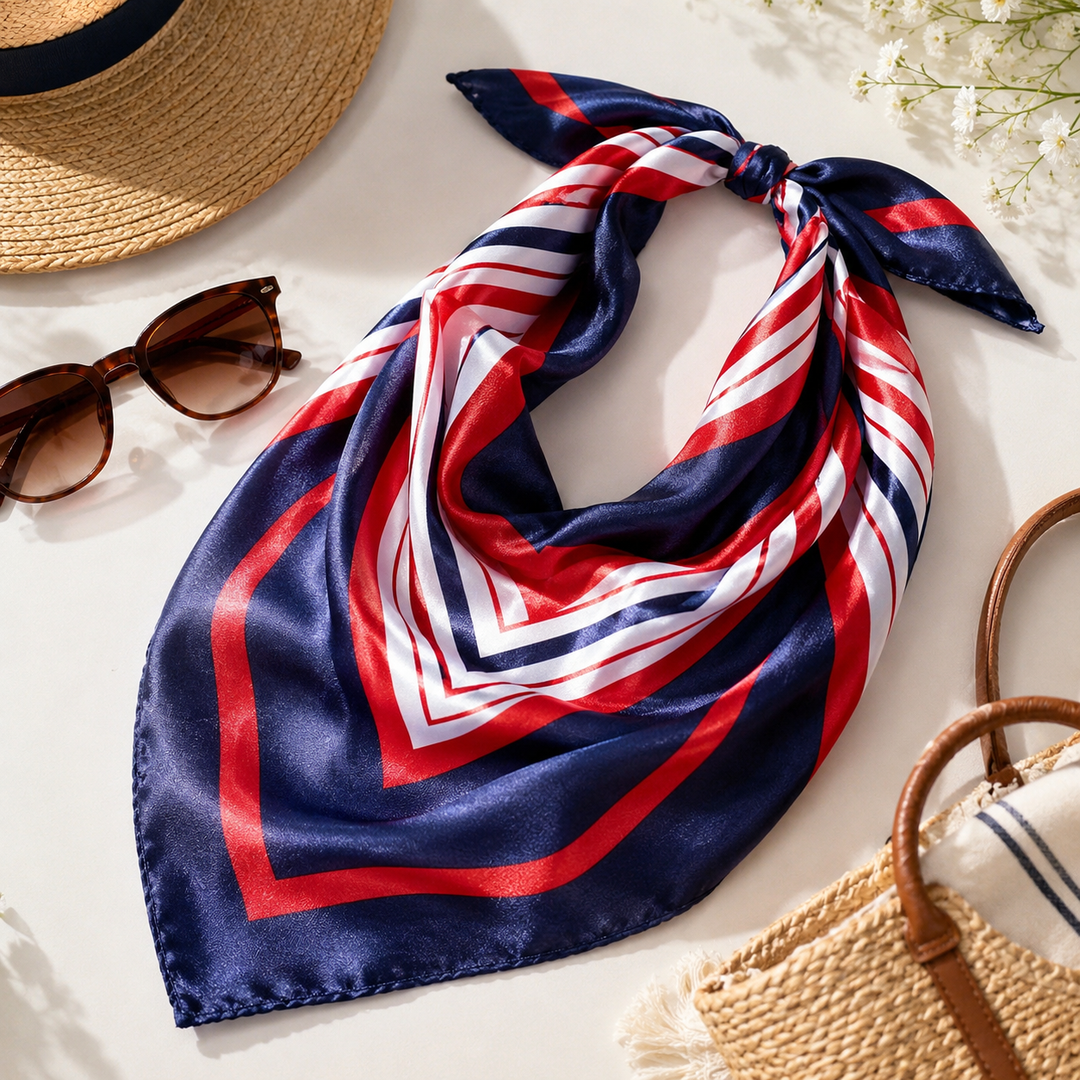 Navy, red, and white striped scarf with sunglasses and a straw bag on a light surface.