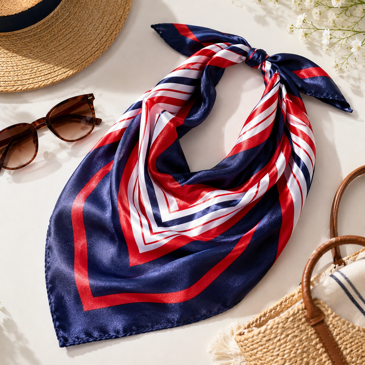 Navy, red, and white striped scarf with sunglasses and a straw bag on a light surface.